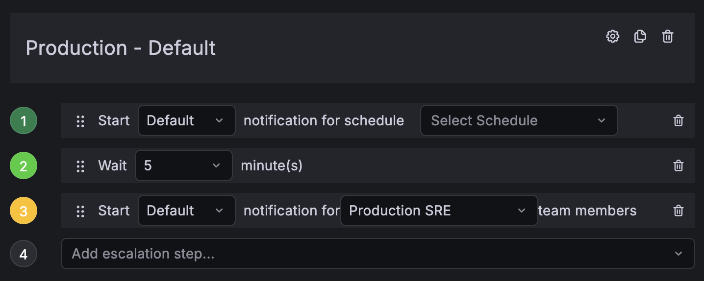 Escalation chain configuration screen. This escalation chain first notifies the current on-call responder from a schedule and then escalates to the rest of the team if unacknowledged after 5 minutes.