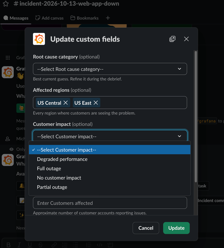 The Update custom fields dialog box in Slack showing an incident's custom fields with their current values