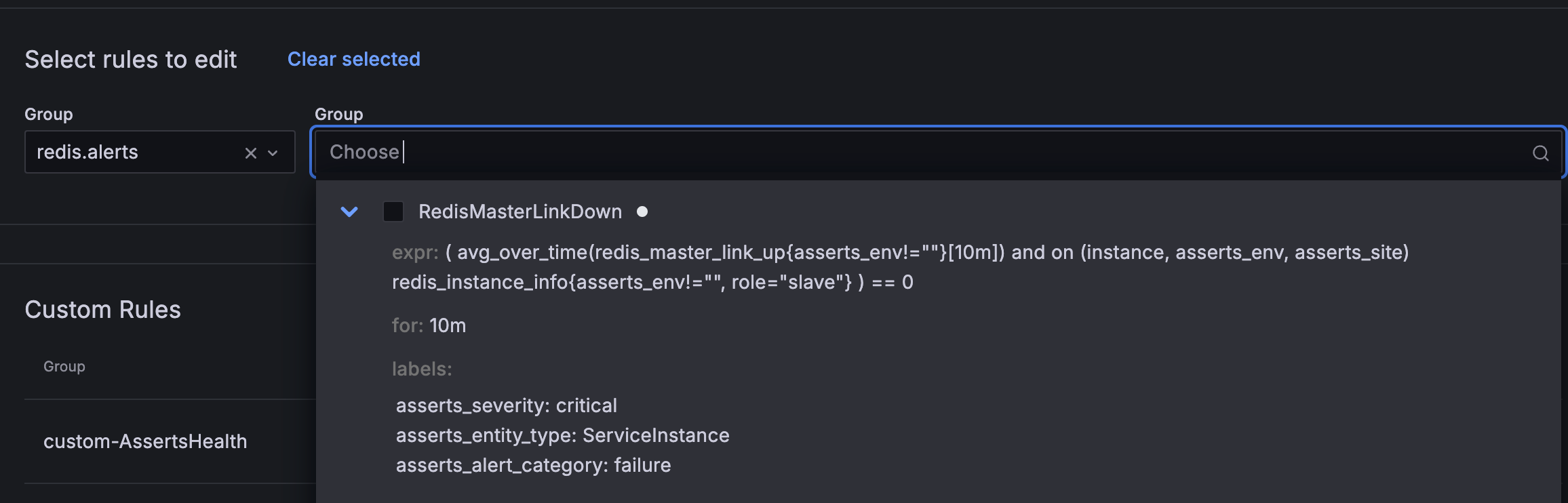 Expression and value of the RedisMasterLinkDown threshold