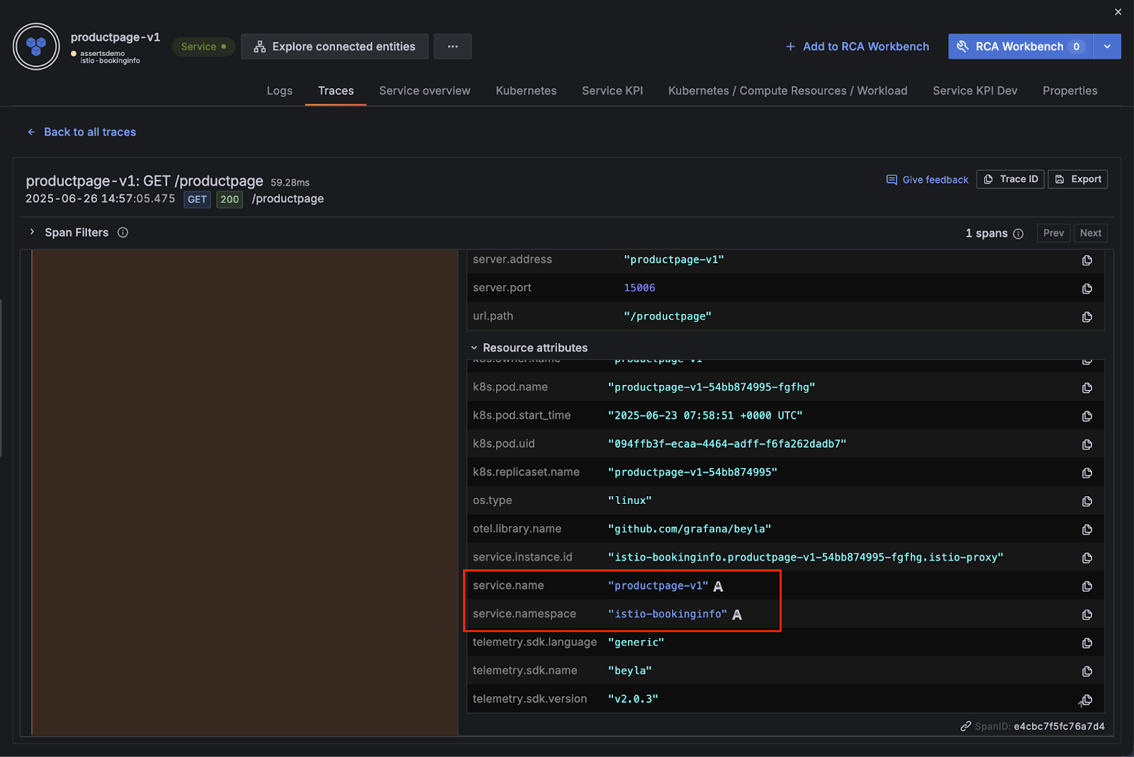 Traces Drilldown in Asserts