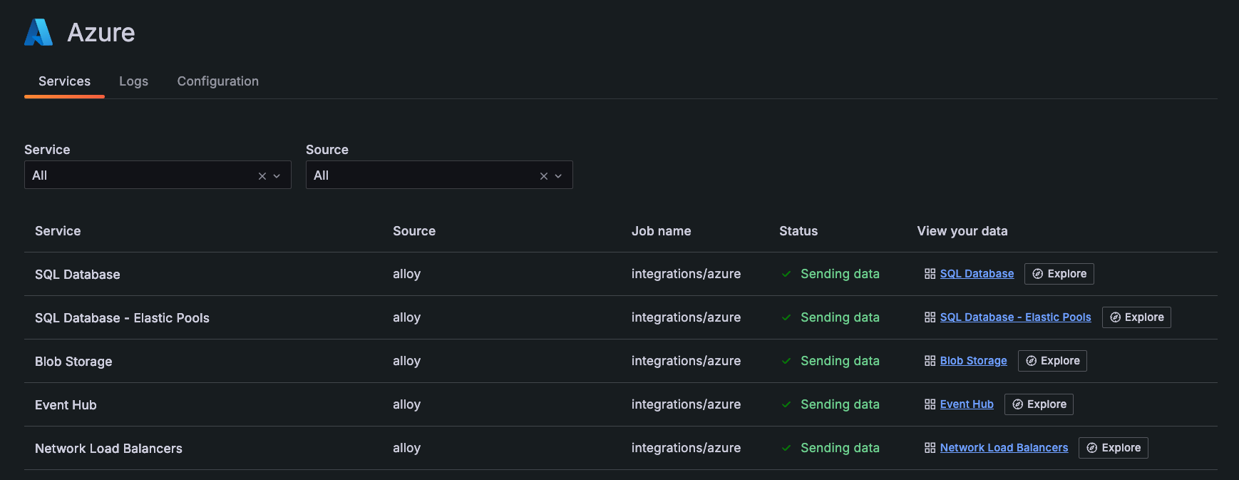 List of available services on **Services** tab List of available services on **Services** tab