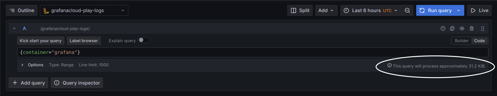 Query estimate in Grafana Explore