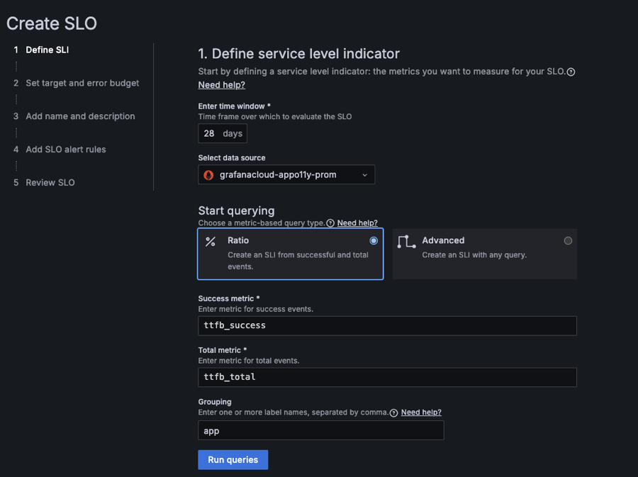 A step from the create SLO wizard showing how to define the service level indicator the success metric and total metric