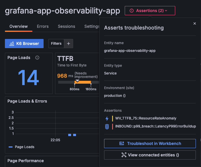 Viewing the Asserts Troubleshooting dialog box Options for accessing Asserts from Frontend Observability>