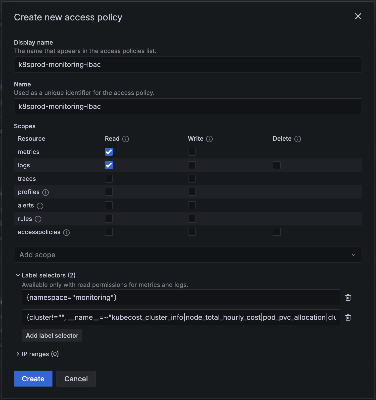 Fields completed for **Create new access policy** window Fields completed for **Create new access policy** window
