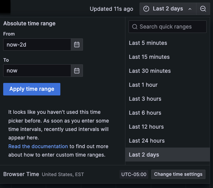 Selecting two-day time period Time range selector showing calendar options and various set ranges in a list