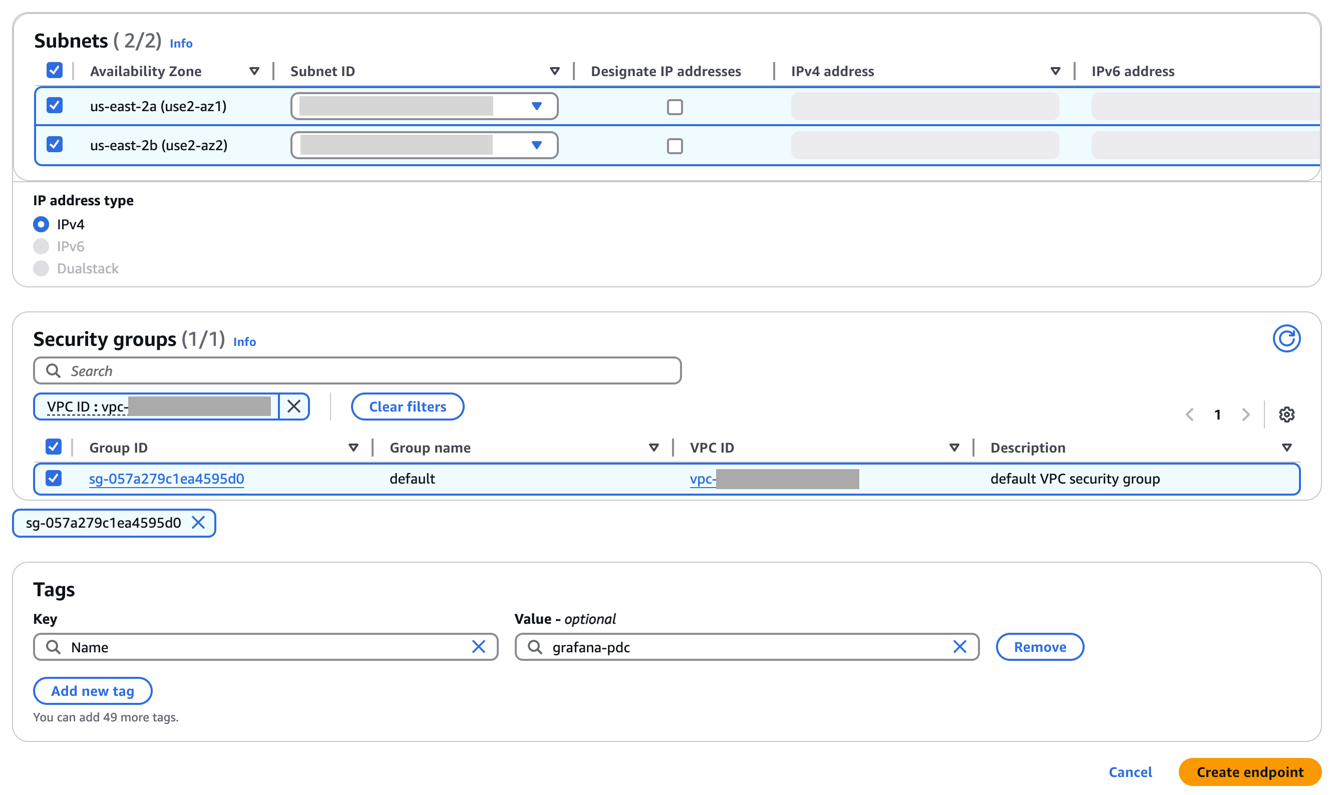 Select subnets and security groups
