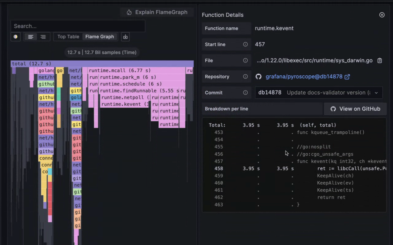 Example of a flame graph with the function details populated