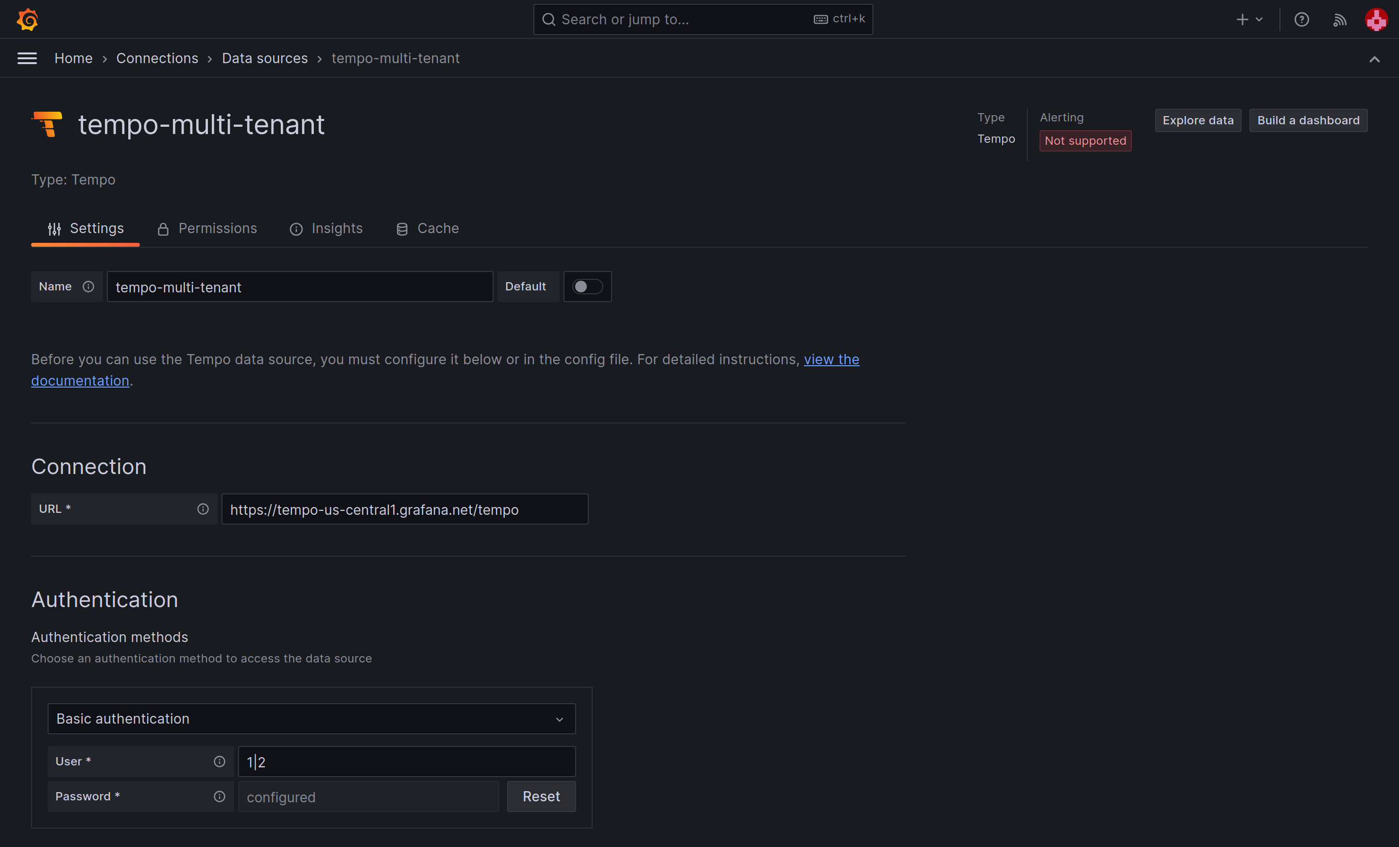 Configured Tempo data source. Configured Tempo data source in Grafana.
