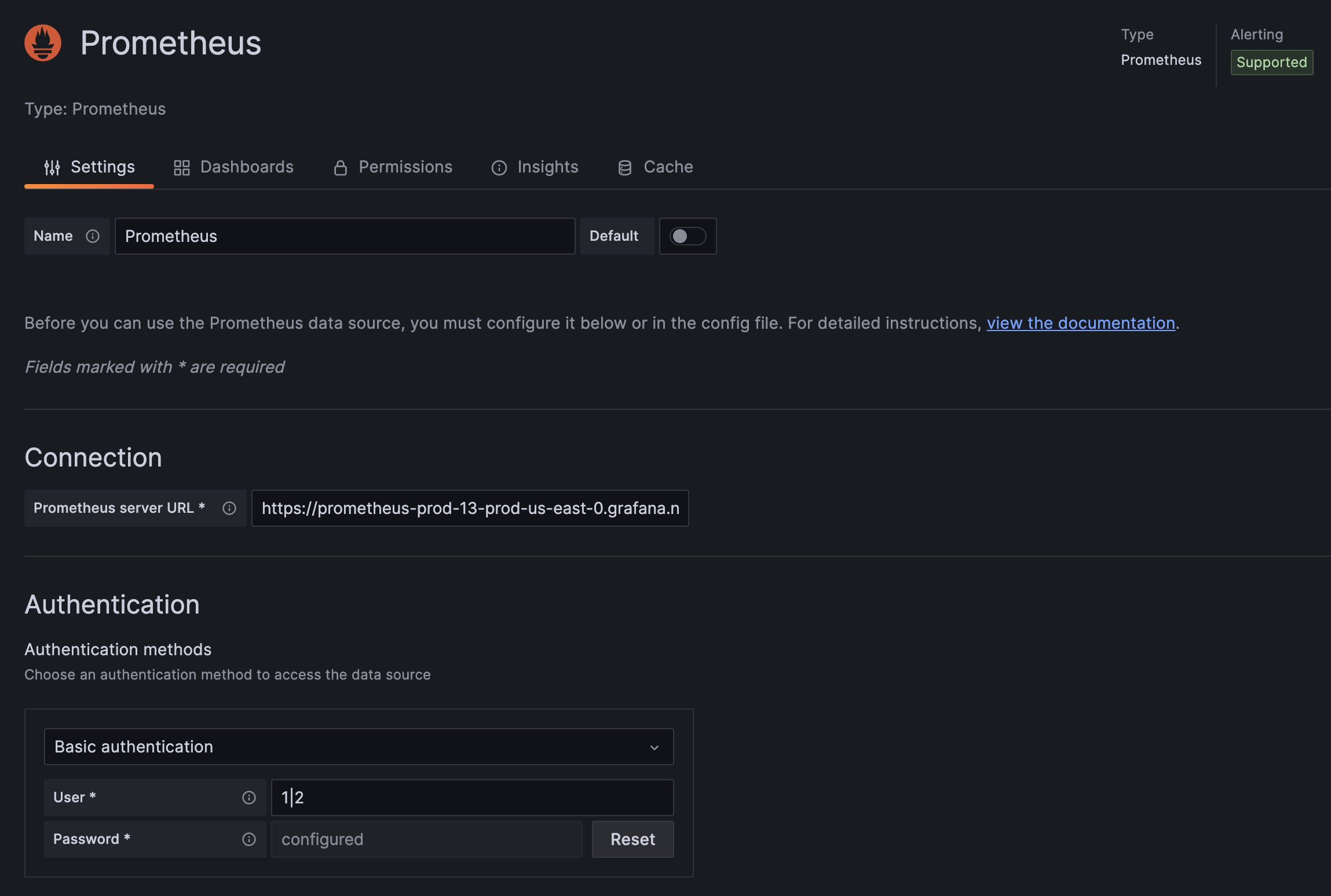 A screenshot of the configured Prometheus data source. A screenshot of the configured Prometheus data source.
