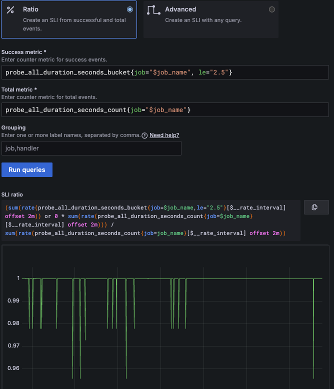 Screenshot of the Grafana SLO wizard creating an SLI for latency using a Prometheus histogram metric