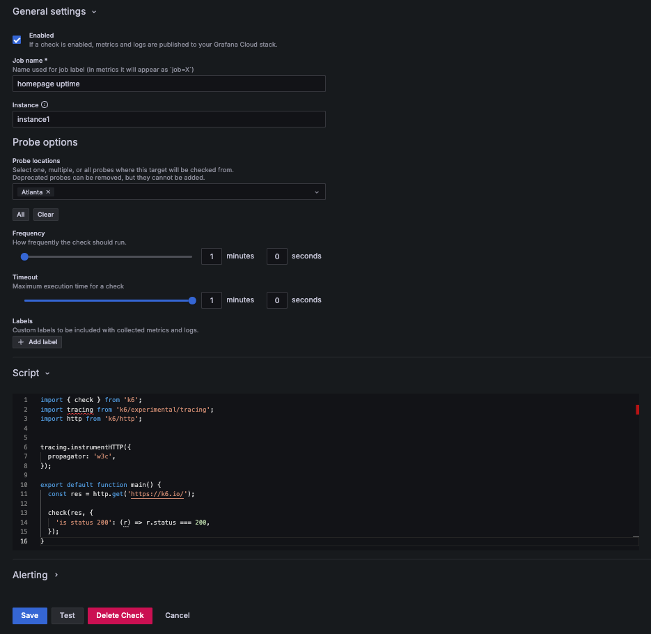 Synthetic Monitoring - k6 scripted check