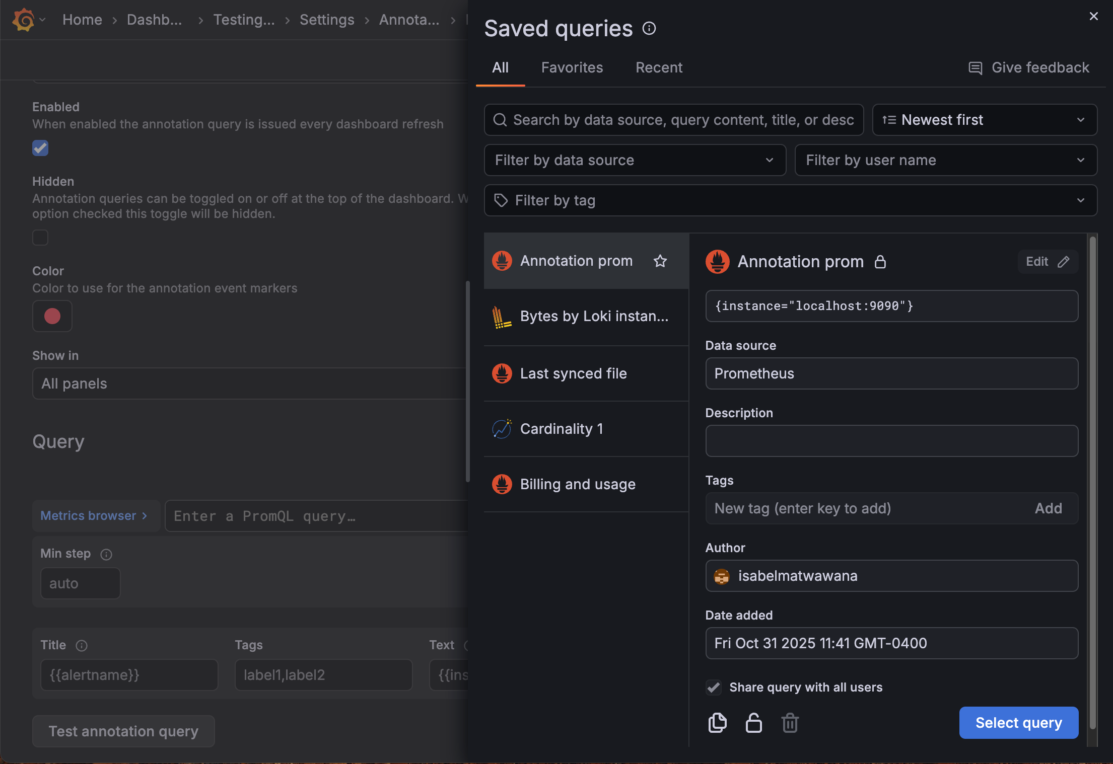 _Annotation query configuration with **Saved queries** drawer open_ _Annotation query configuration with **Saved queries** drawer open_