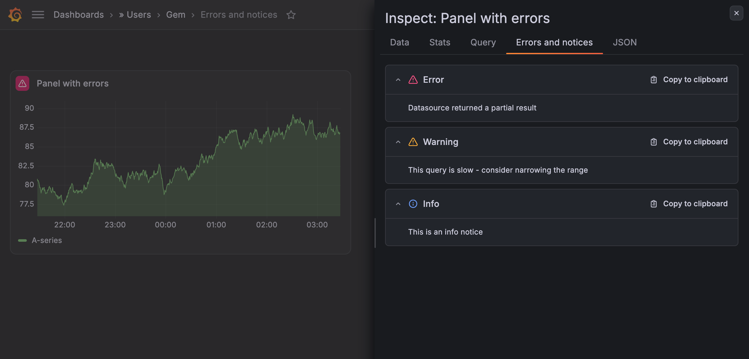 A panel with the Inspect drawer open on the Errors and notices tab