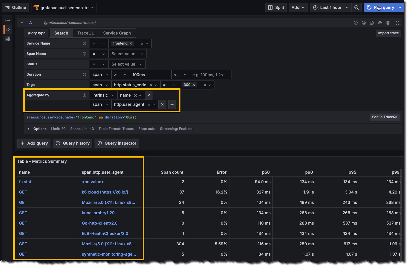 Use Aggregate by to calculate RED metrics for spans and group by attributes