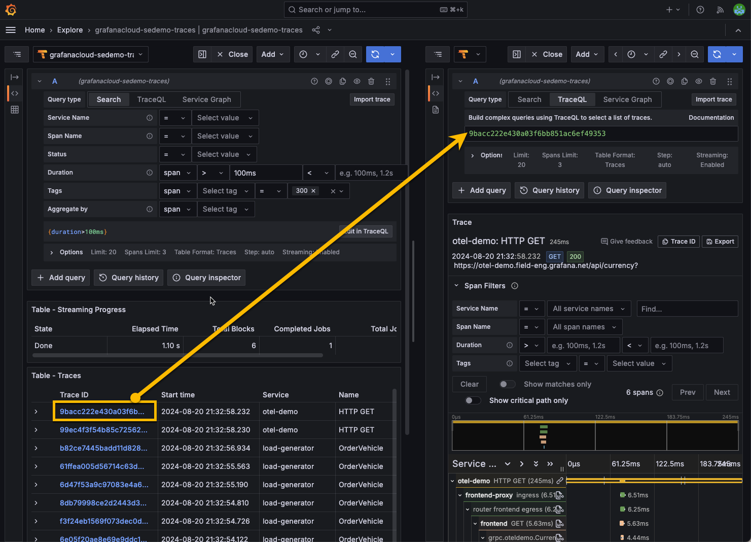 Selecting a trace ID or a span to view span details
