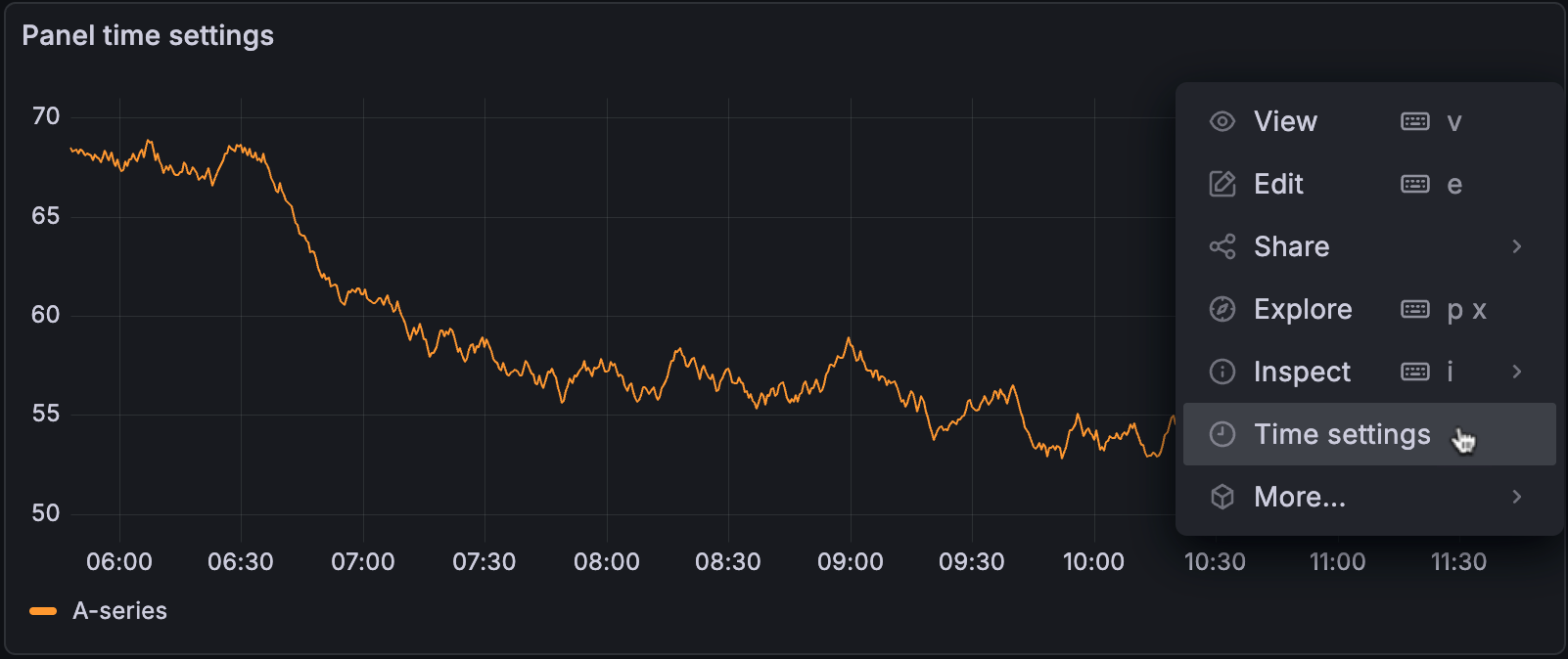 Panel menu showing the Time settings option