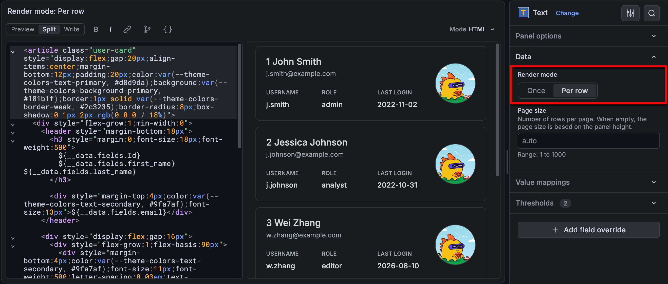 Text visualization with Render mode set to per row