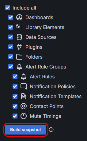 A list of resources selected for migration and the Build snapshot button