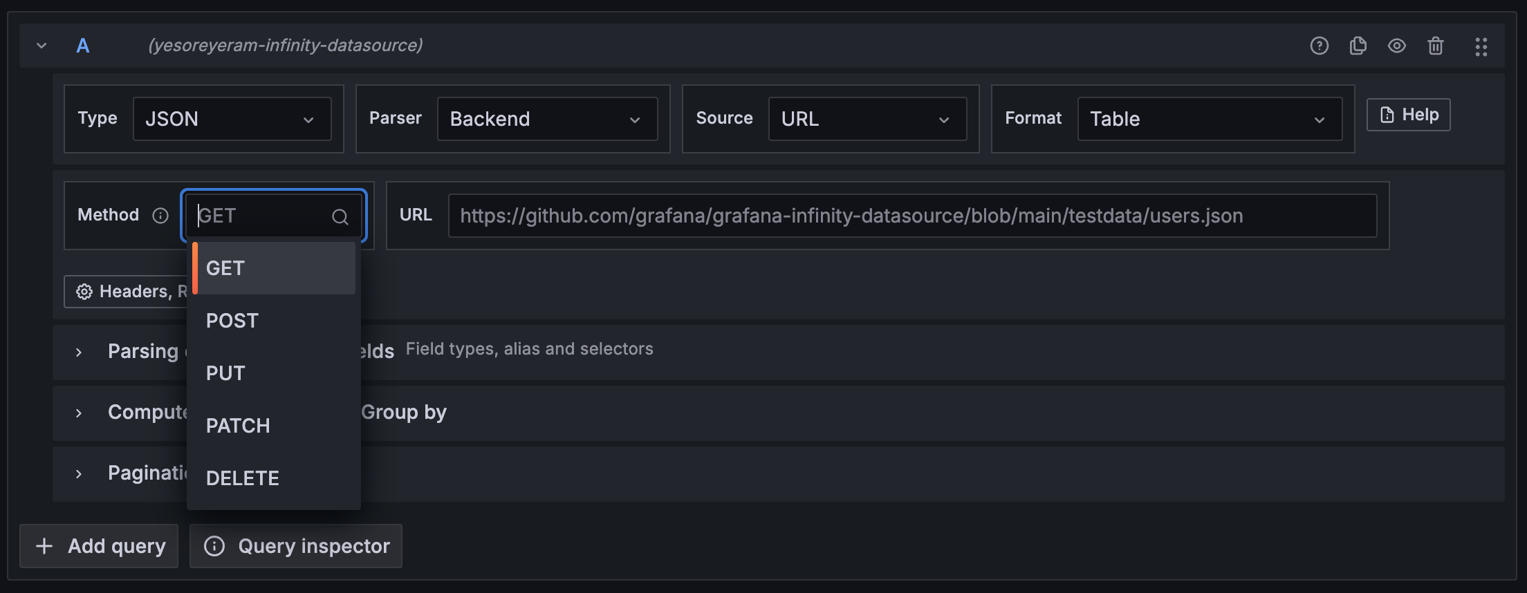 Infinity data source query editor with additional HTTP methods enabled