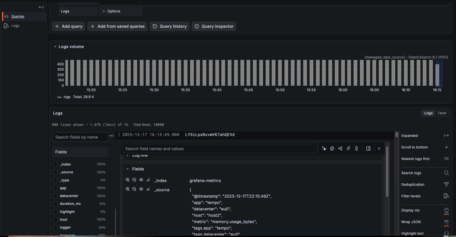 Example Elasticsearch logs in Grafana Explore