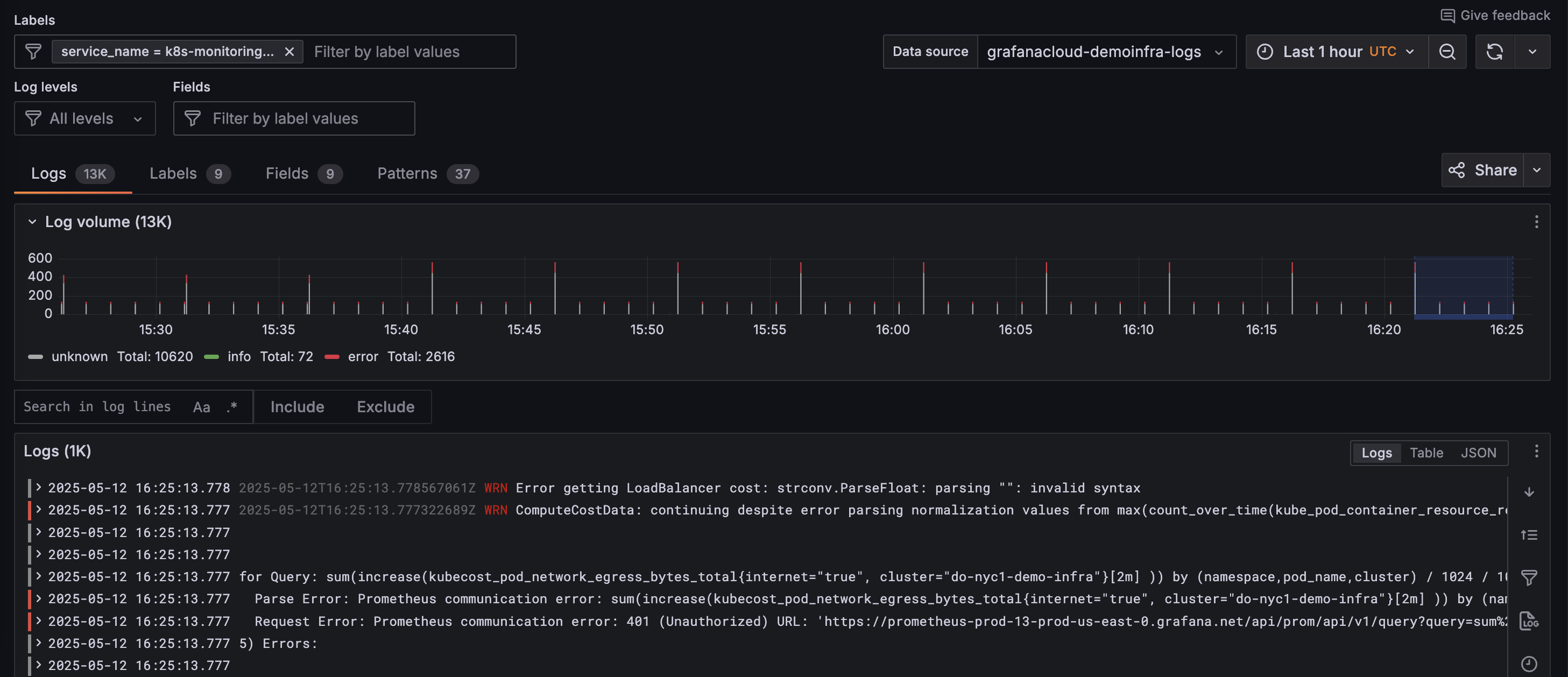 Logs Drilldown detail page for a specific service