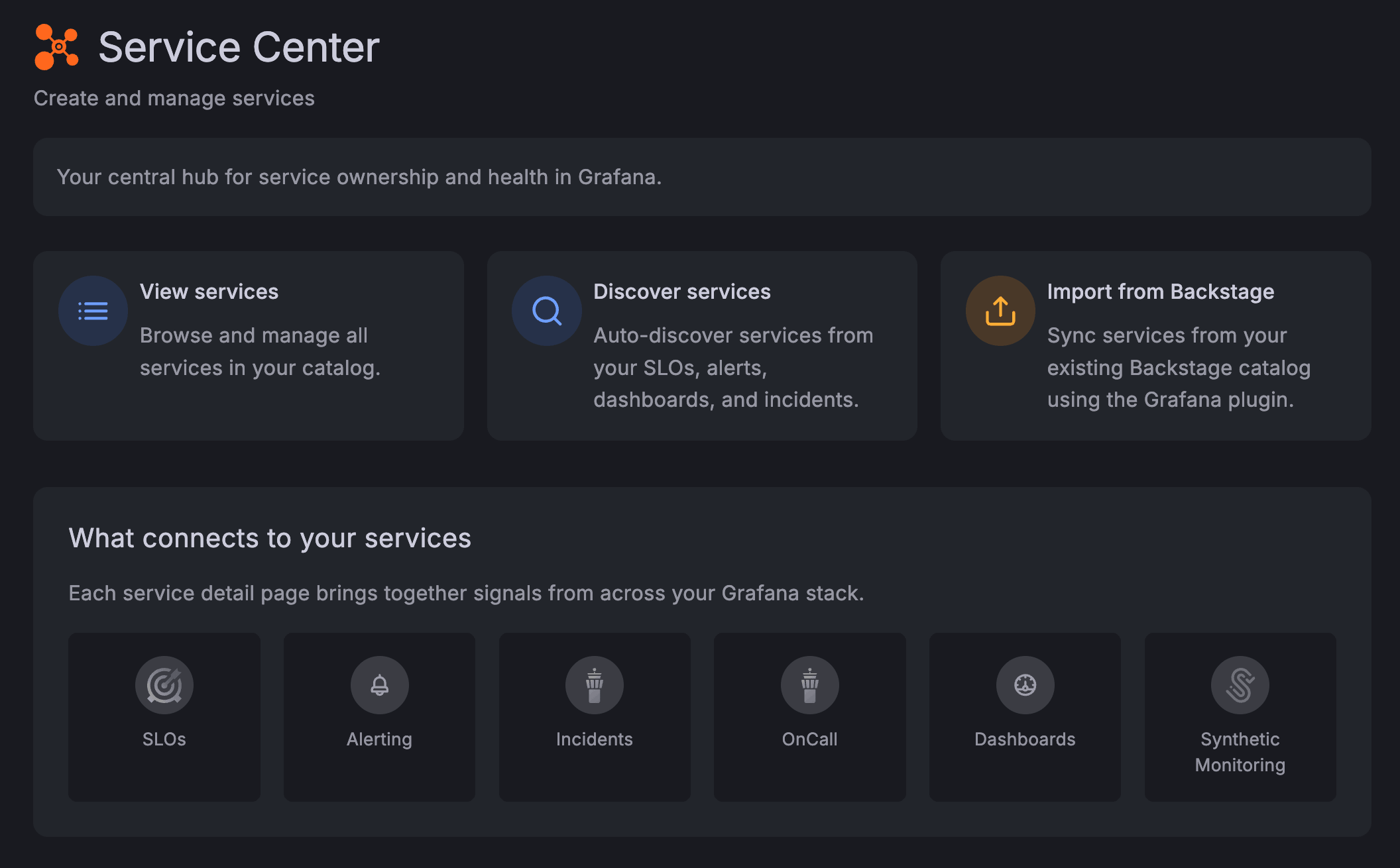 The Service Center home page with cards to view services, discover services, or import from Backstage, above the signals that connect to each service: SLOs, alerting, incidents, OnCall, dashboards, and Synthetic Monitoring