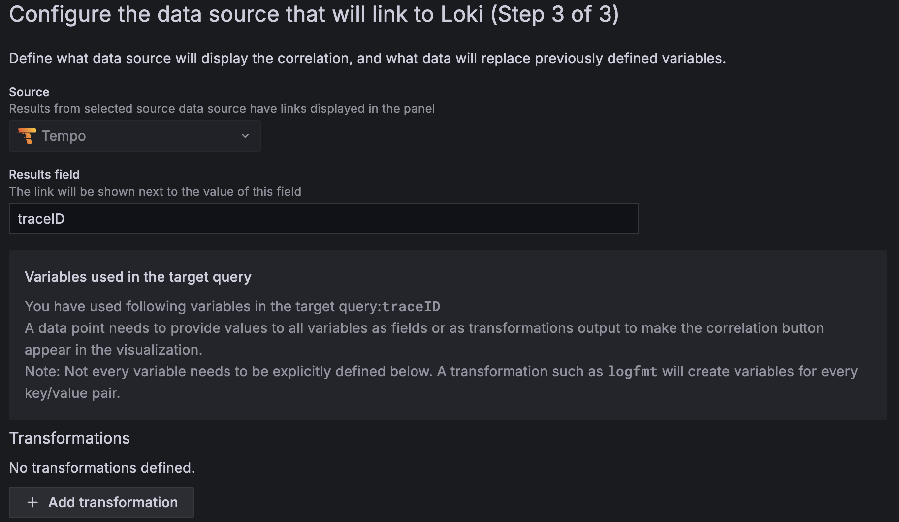 Setting up a correlation for a Loki data source