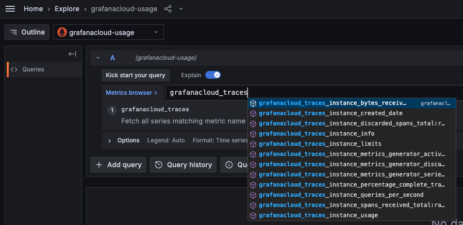 Use Explore to check the metrics for traces sent to Grafana Cloud