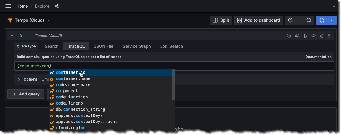 Query editor showing the auto-complete feature