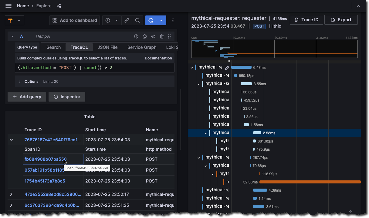 Query editor showing span results