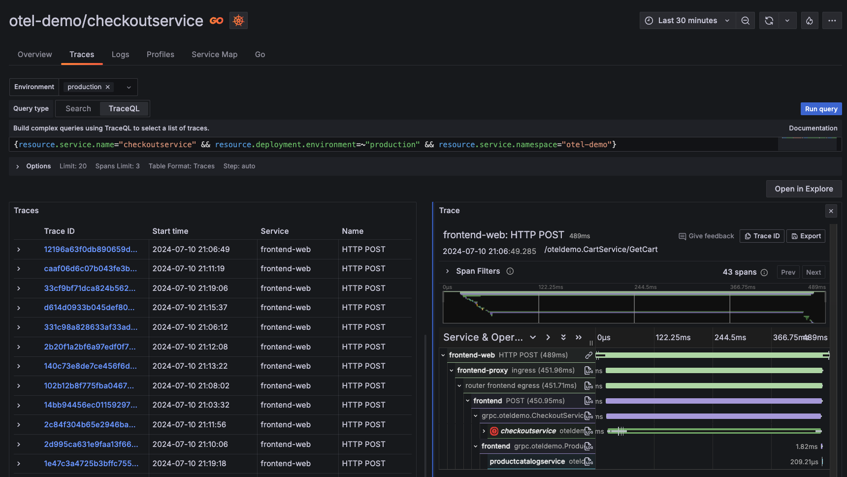 Example of viewing OpenTelemetry traces in Grafana Cloud Application Observability.