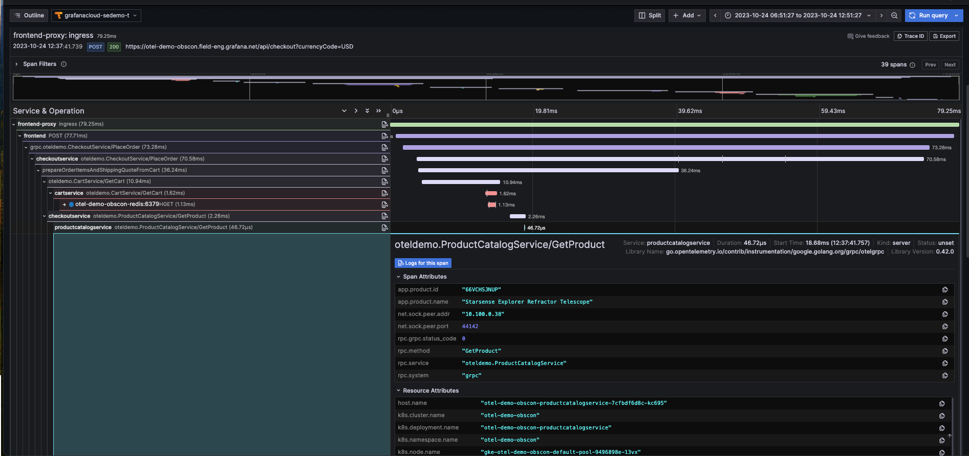 A trace in Grafana Tempo.