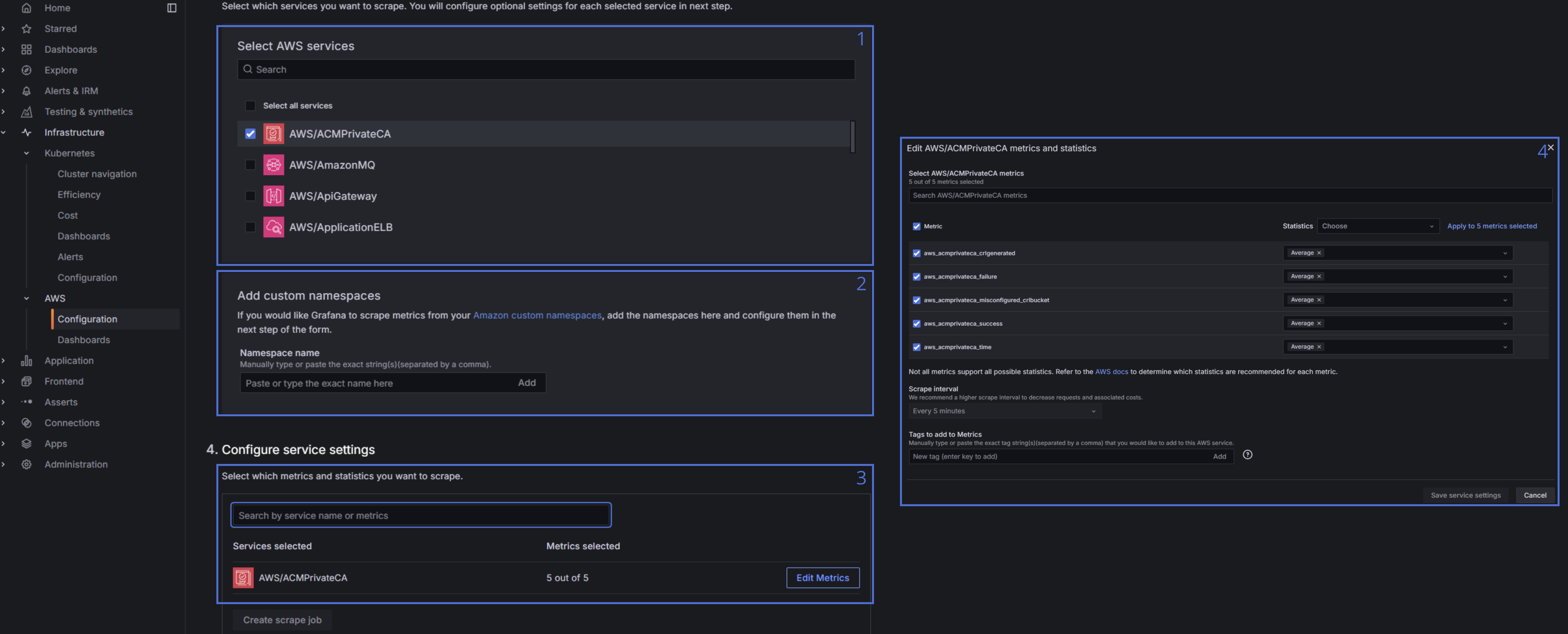 A menu for selecting which metrics to scrap and configuring service settings