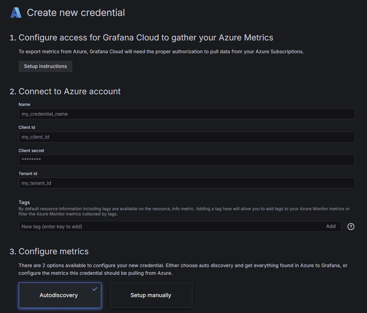 Microsoft Azure Event Hubs setup in Grafana Cloud settings