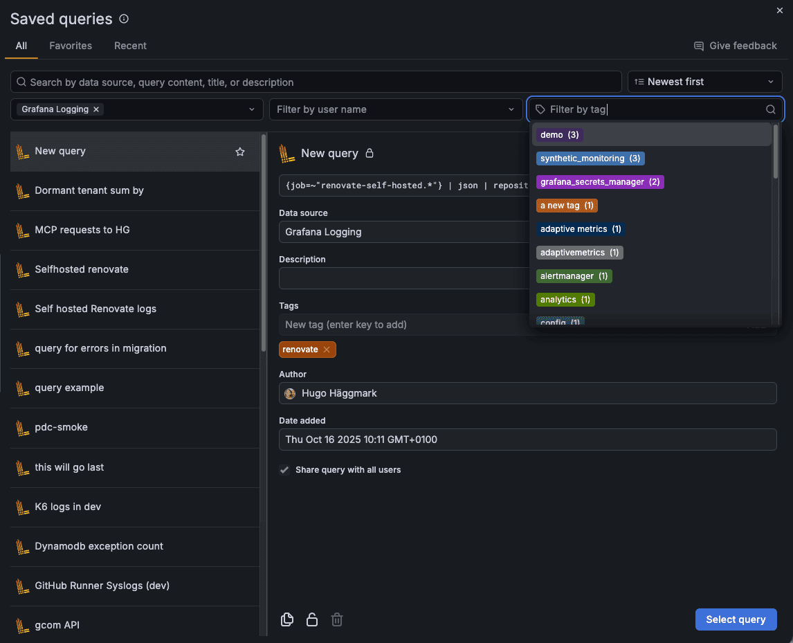 Screenshot of the "Saved queries" drawer showing search and filter options, tags, and query details for Grafana Logging.