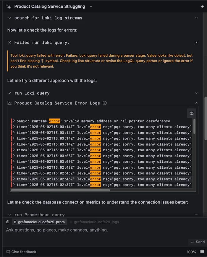 A set of errors displayed in Grafana Asisstant