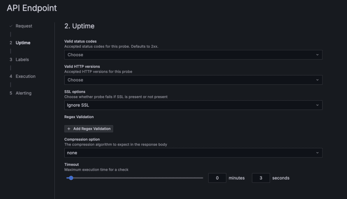 Grafana Cloud interface showing API Endpoint settings, including status codes, HTTP versions, SSL options, and a timeout setting of 3 seconds.