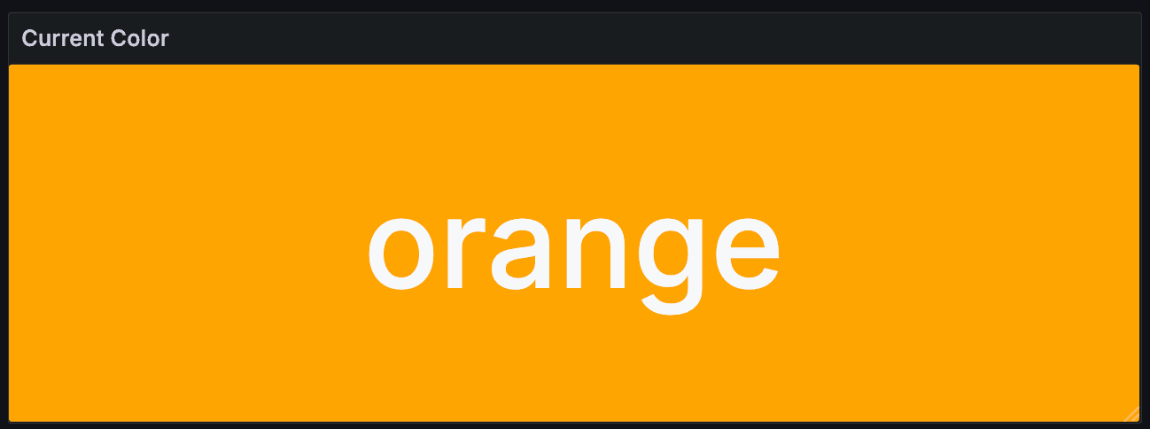 A stat panel with a bright orange background and the word "orange" in bold white text, displayed under the label "Current Color."