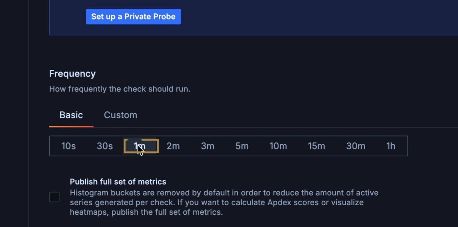 A Grafana Cloud interface for setting probe frequency, with options from 30 seconds to 1 hour.