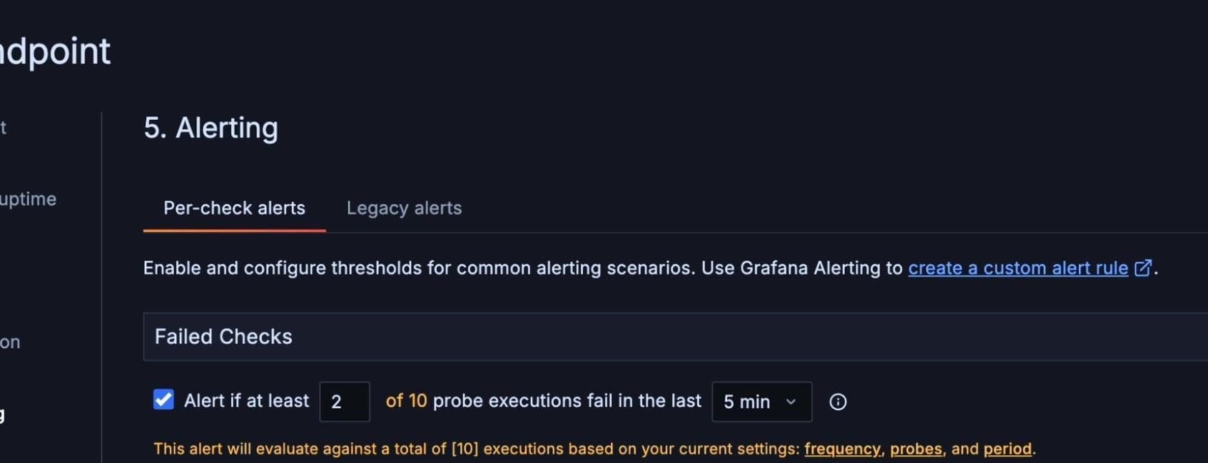 A screenshot of a Grafana Cloud interface for configuring alerting options using Grafana Alerting.