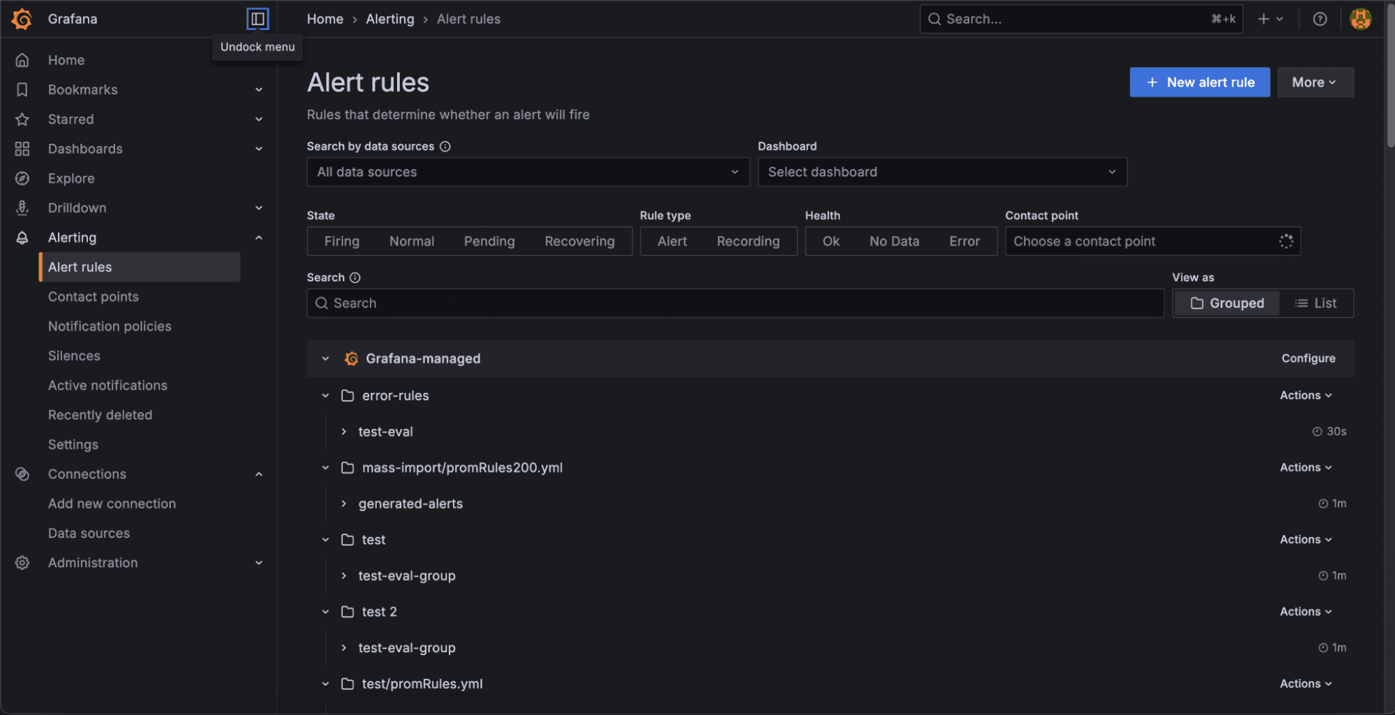 Screenshot of Grafana's old alert rules page, showing a list of alert rules with options to configure, search, and create new alerts.