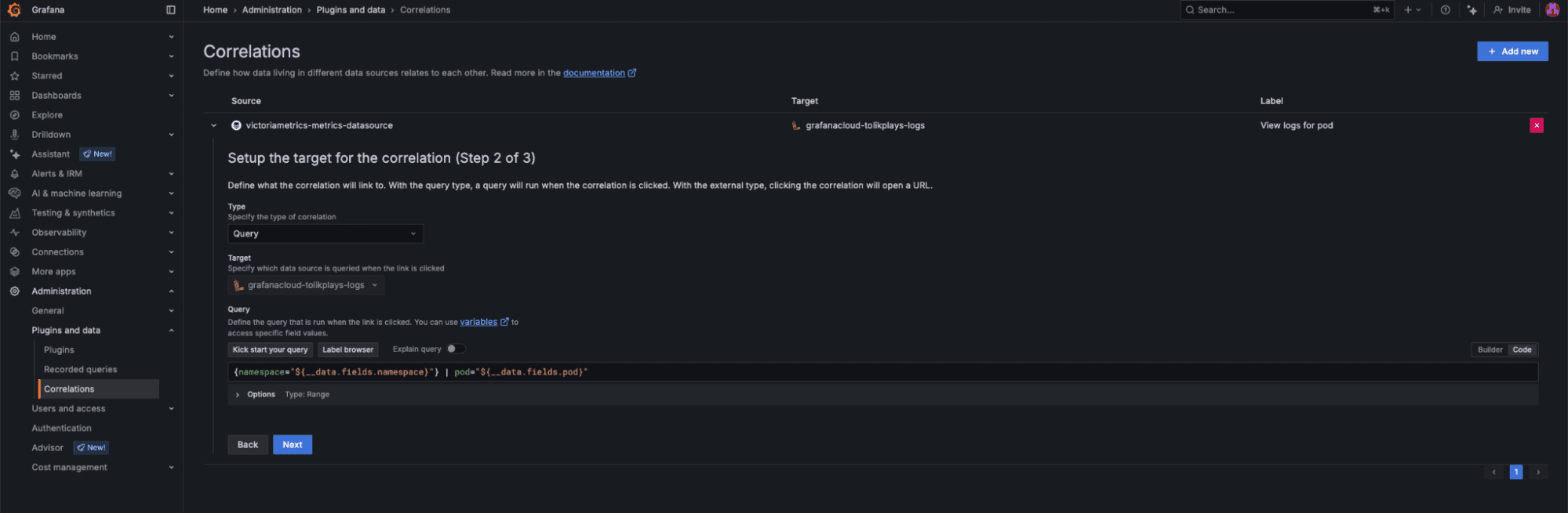 Screenshot of a dark-themed Grafana interface showing a "Correlations" setup page with options for source, target, and query configuration.