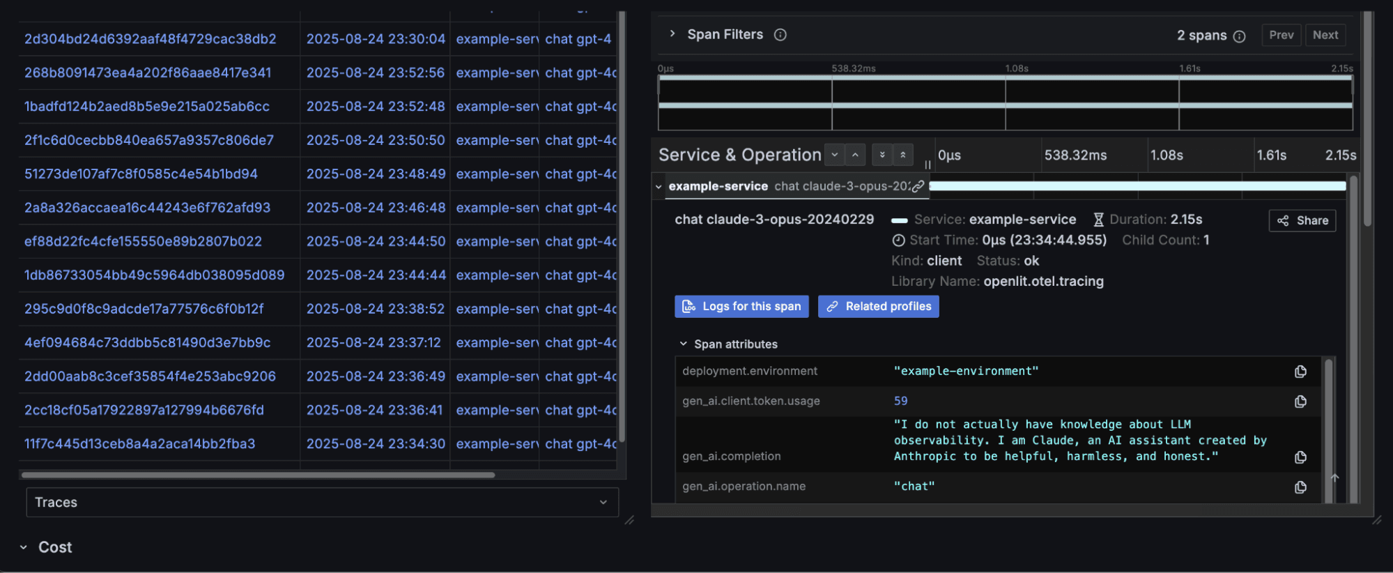 A list of error traces in Grafana Cloud