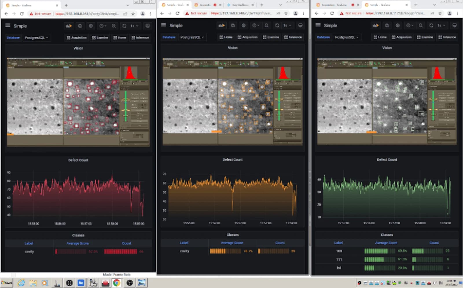Grafana dashboards showing real-time microscopy image analysis
