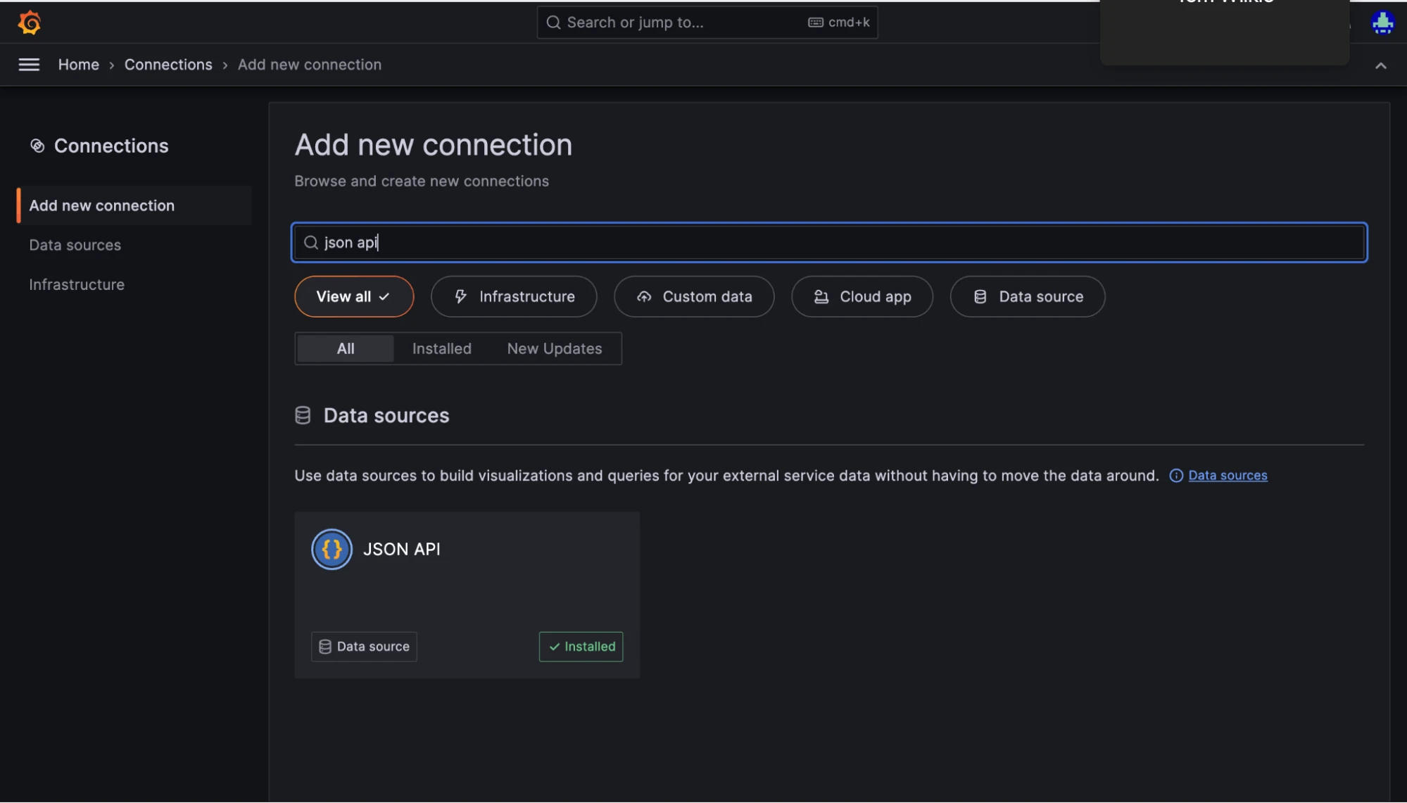 A screenshot of the Add new connection page, with the JSON API appearing after a search.
