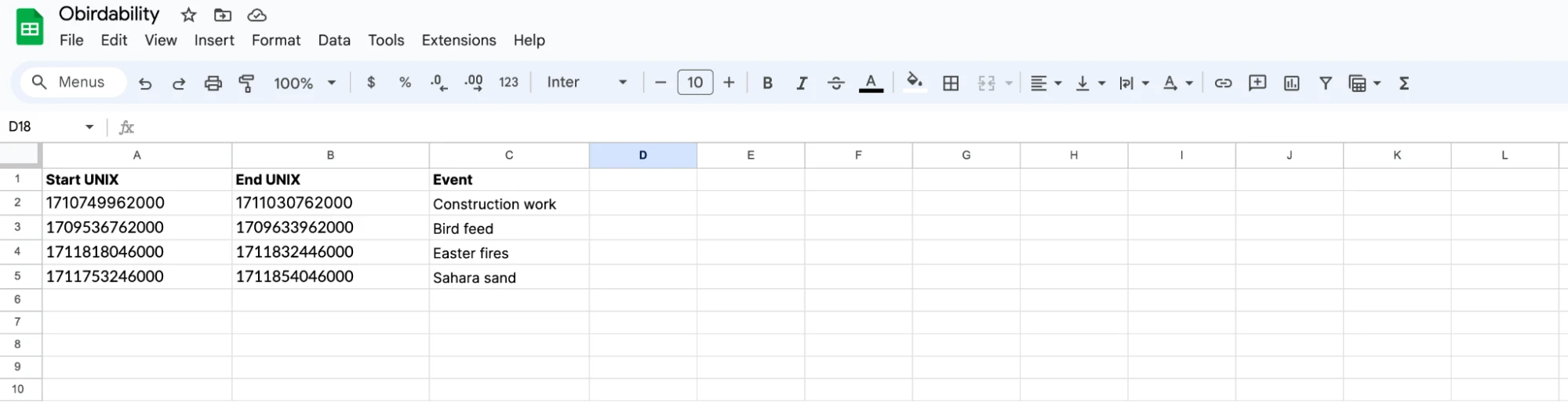 Spreadsheet entries