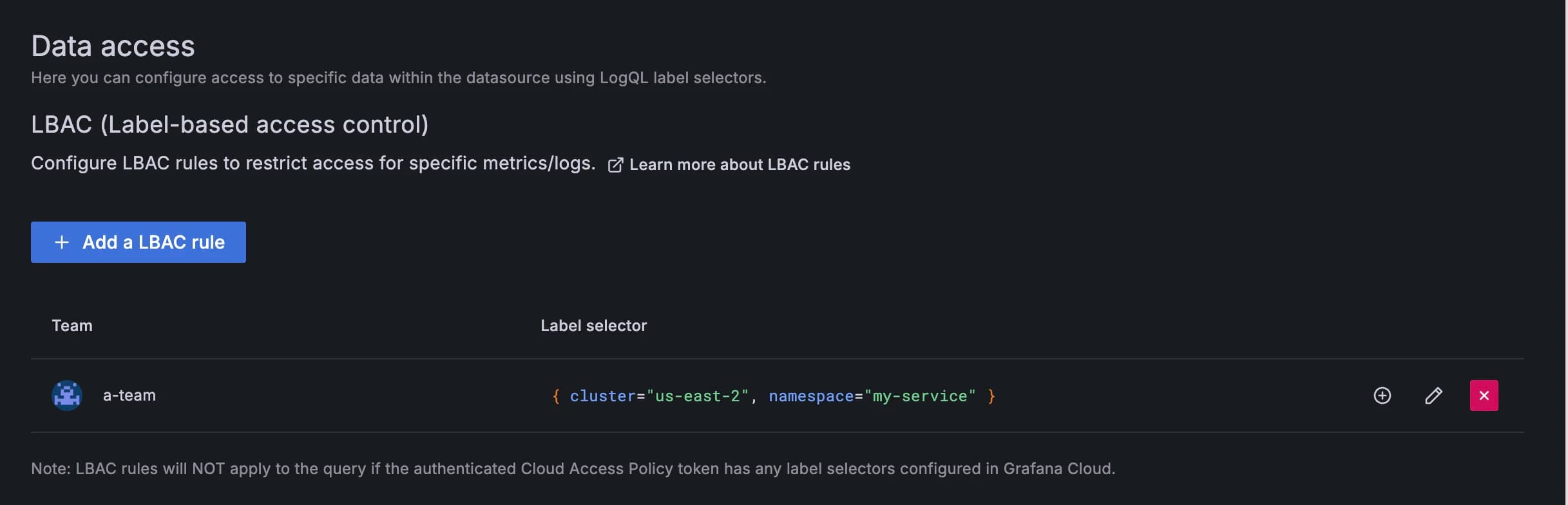 A screenshot showing an option to add a LBAC rule.