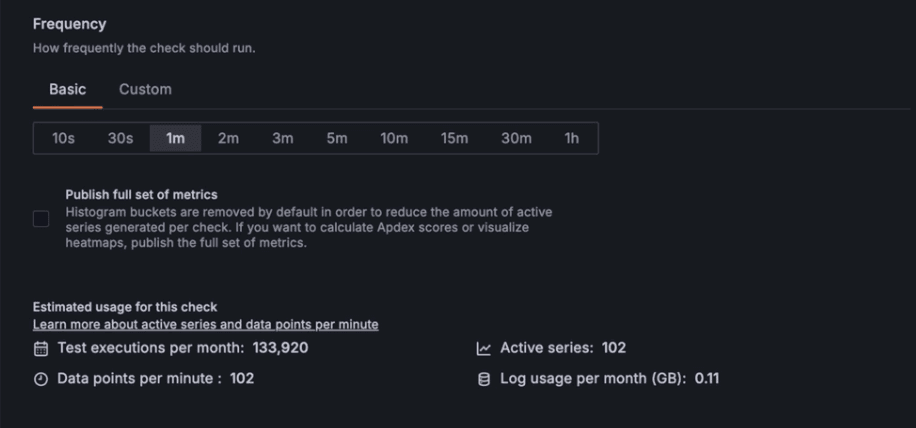 Settings page in Grafana Cloud displaying frequency options for checks, including time intervals and data metrics like test executions, active series, and log usage.