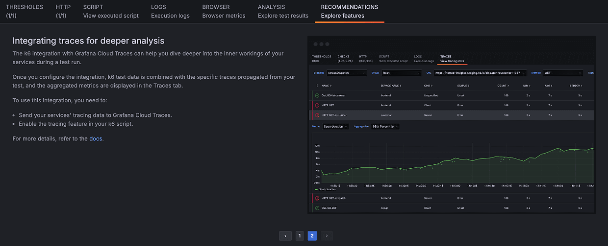 A screenshot of the new Recommendations tab in Grafana Cloud k6.